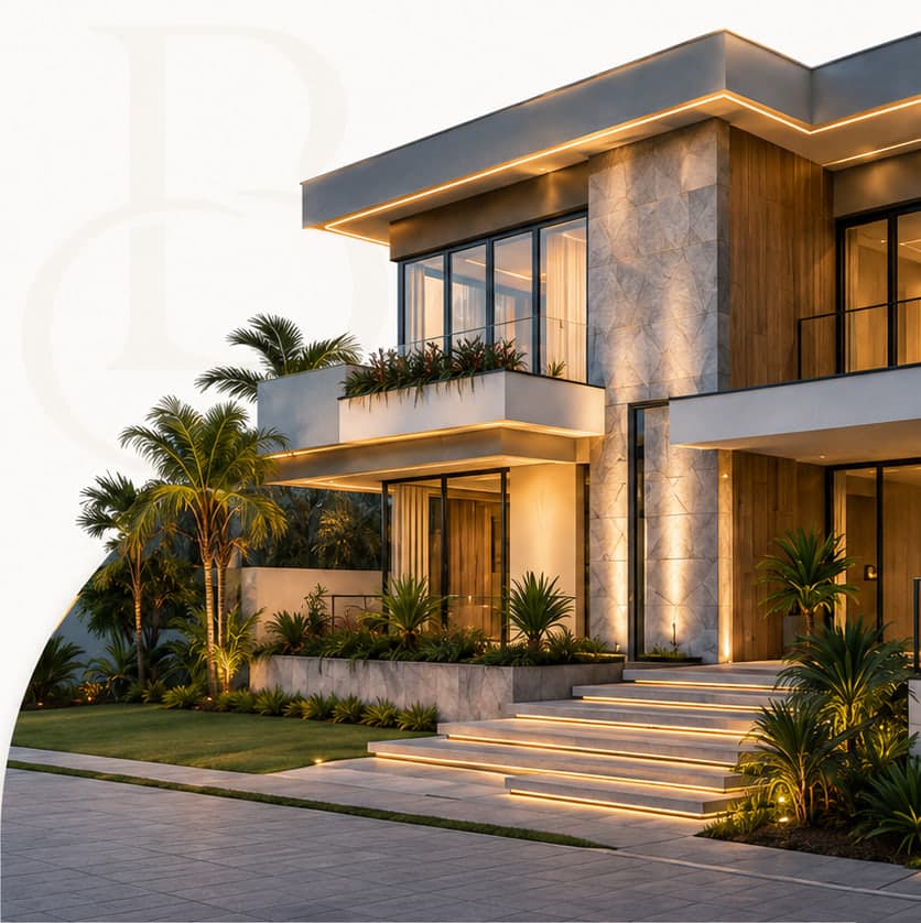 Fachada de uma residência contemporânea ao entardecer.